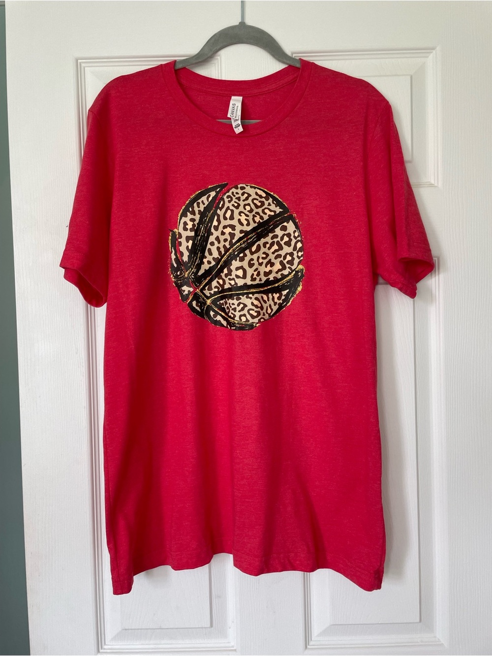 Women’s Red Short-Sleeve Tee with Leopard Basketball Graphic
